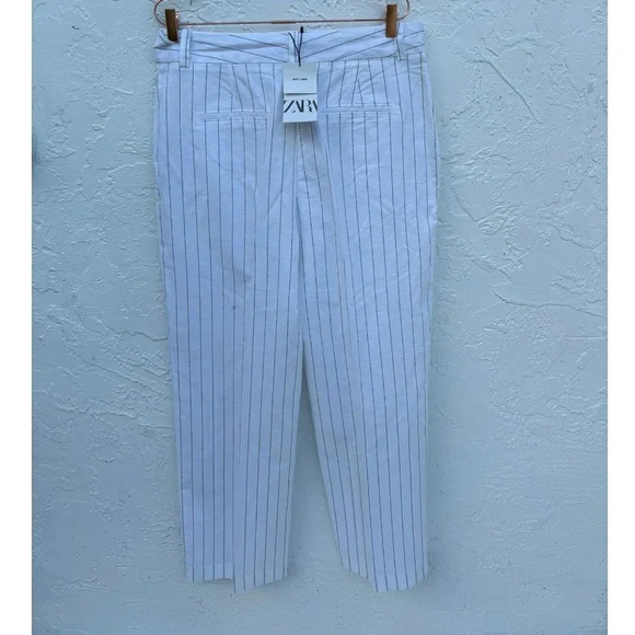 Zara Womens Bloggers Favorite Casual Stripes Linen Trouser Pants White Size XL - Picture 11 of 14
